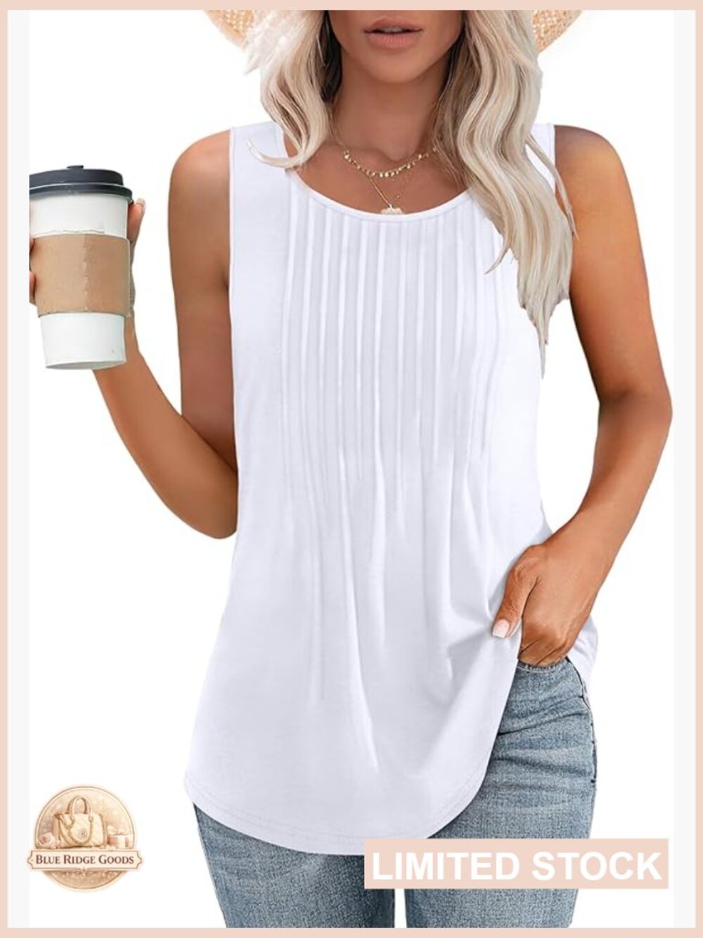 Pleated Summer Tank Top Oversized Flowy Casual Chic Sleeveless Women's Top
